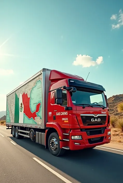 Create a red-and-white delivery truck with a map of Mexico in the background 