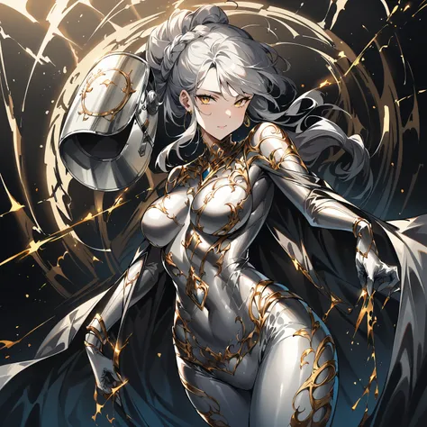 silvery metallic bodysuit、Women in their thirties、Oriental hairstyle 、Golden Eyes、tall slimming 、black coat with boa lining、Wear a silver welding mask、solo、Best Quality、CG Art、