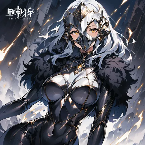 silvery metallic bodysuit、Women in their thirties、Oriental hairstyle 、Golden Eyes、tall slimming 、black coat with boa lining、Wear a silver welding mask、solo、Best Quality、CG Art、