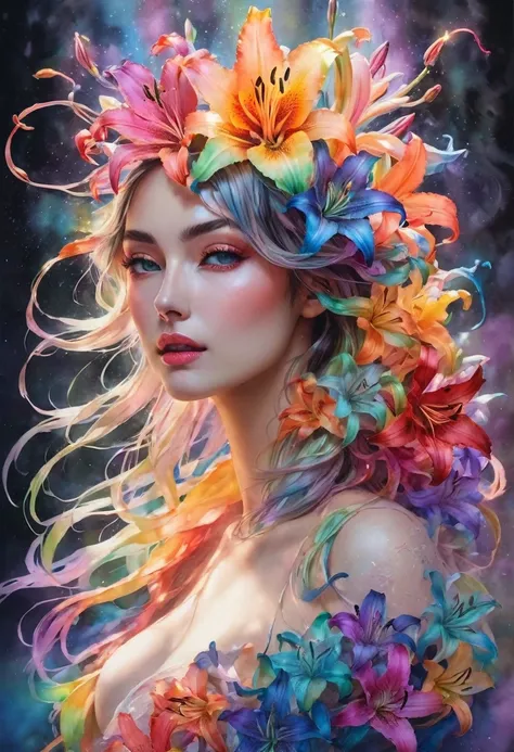 double contact，An explosion of rainbow-colored translucent lilies，Realistic girl，Rendered by Octane，unreal-engine，Rococo paper cutting，aquarelle，