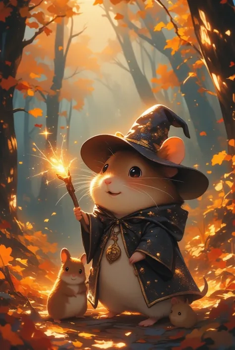 In the heart of a quaint and whimsical forest, a charming little hamster, dressed as an enchanting sorcerer, delightfully prepares for a magical Halloween evening. This adorable creature is cloaked in a tiny, starry robe that glistens with the soft, lumine...