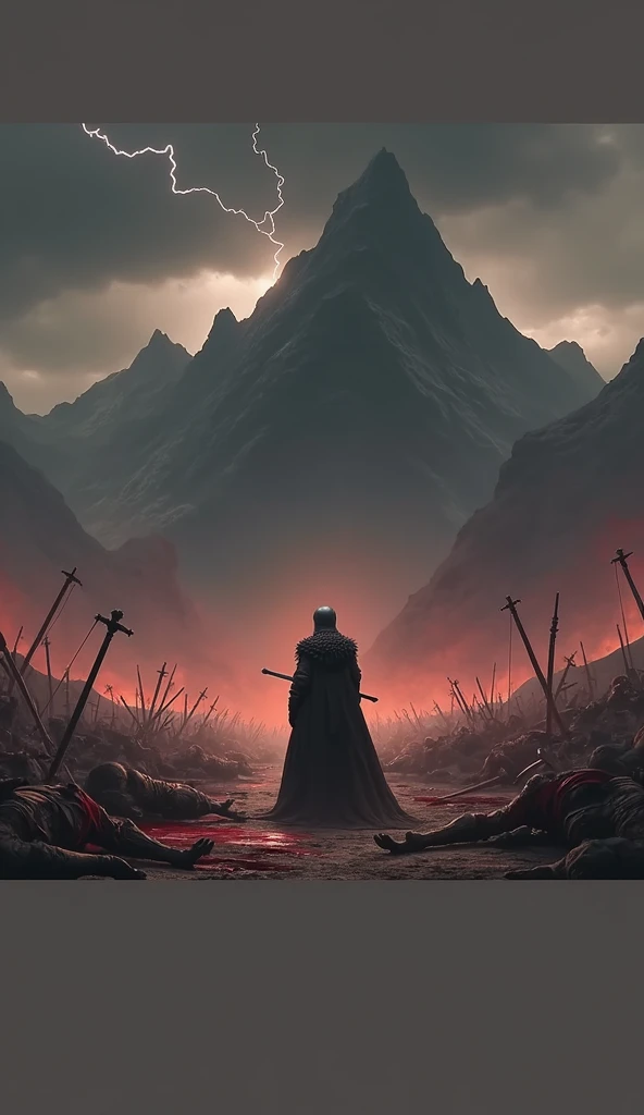 a man standing holding a sword in both hands,black helmet obscuring his face,black cloak hiding his body,mountains in the background,lightning in the sky,(best quality,8k,highres,masterpiece:1.2),ultra-detailed,(realistic,photorealistic,photo-realistic:1.3...