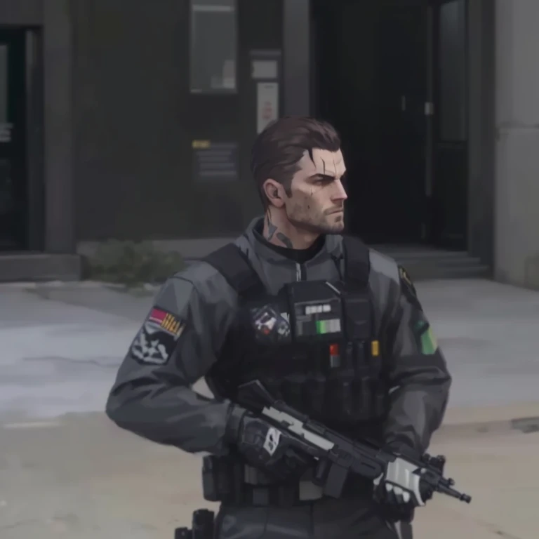 Crooked man in a black uniform standing in front of a building, GTA character, as the protagonist of gta 5, Jetstream Sam from Metal Gear, as a GTAV character, French Special Operations, GTA character v, stealth suit, game footage, gameplay, chris redfield...