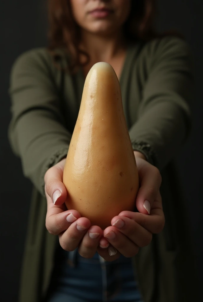 A woman holds a huge penis in her hand and sabers