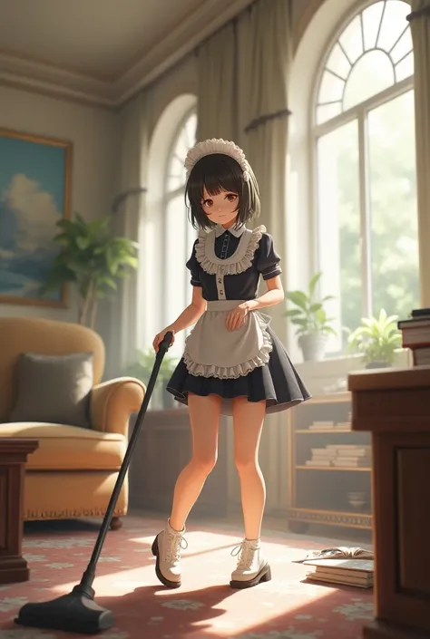 Clean the living room in a maid skirt