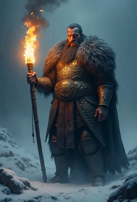 Envision an epic scene featuring a viking-inspired man adorned in highly detailed armor crafted from dragon bones, standing in a dark and foggy landscape with snow blowing behind him. Zoom in on micro-details, capturing the intricacies of his warpaint, arm...