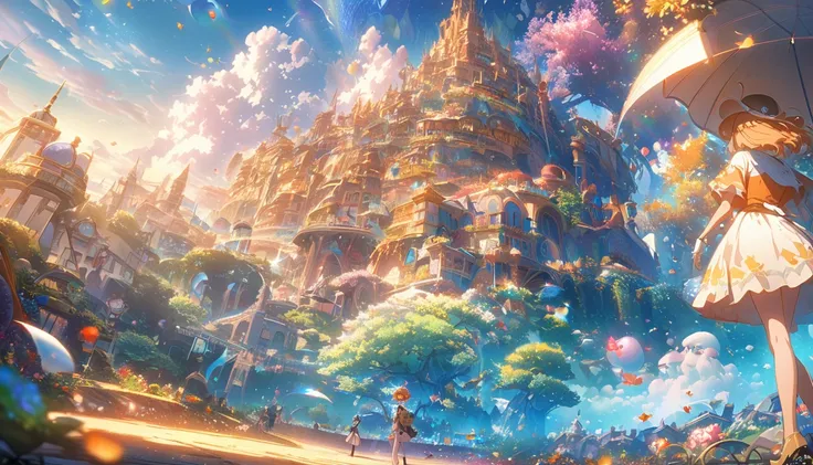 shadow、  main event is Asahi 、A world where modernity and magic merge 、Starry sky and morning sun 、  Fantastic World、  wonderful蝶の羽ばたき 、  A palette of soft shades of blue and orange emphasizes the horizon、 anime-style digital painting depicting scenes from...