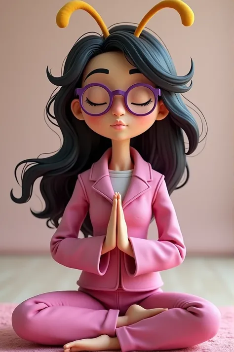 A bee who is a psychologist and is called Tatiana who wears a pink uniform, black hair with blond rays ,  round purple glasses and has a mole under her lip on the left side that is doing Yoga breaths