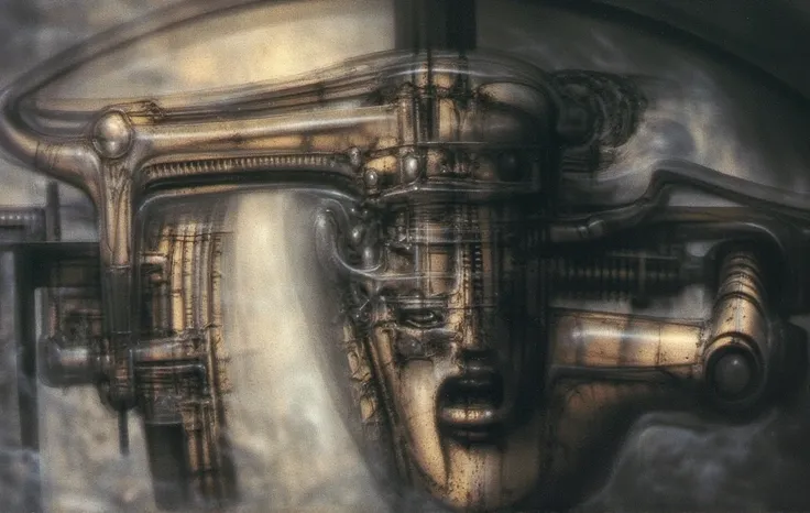 DARK BLACK COLORS. H. R. Gigers g1g3r, , Giger_style, The image is a detailed view of H.R. Gigers " NY City  " plate, featuring H R GIGERs biomechanical is a digital artwork featuring  vertical city set against a backdrop of intricate mechanical pipes and ...