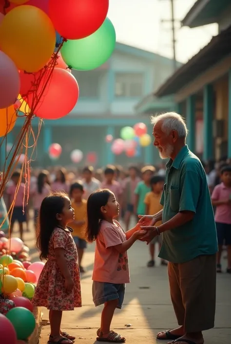  Professional photography featuring an old Indonesian man posing selling lots of balloons , and there are 2 young Indonesian girls , a pose approaching  , with a cheerful feel,  with a background in the school area  ,  and a crowd of Indonesian elementary ...