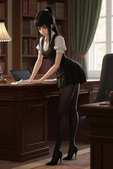 Wearing Black Stockings High Heels Maid Skirt Cleaning Masters Computer Desk