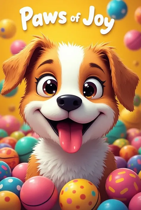 Design a playful dog face with a wagging tongue and happy eyes, surrounded by colorful balls and toys, with Paws Of Joy in a fun, bubble font."