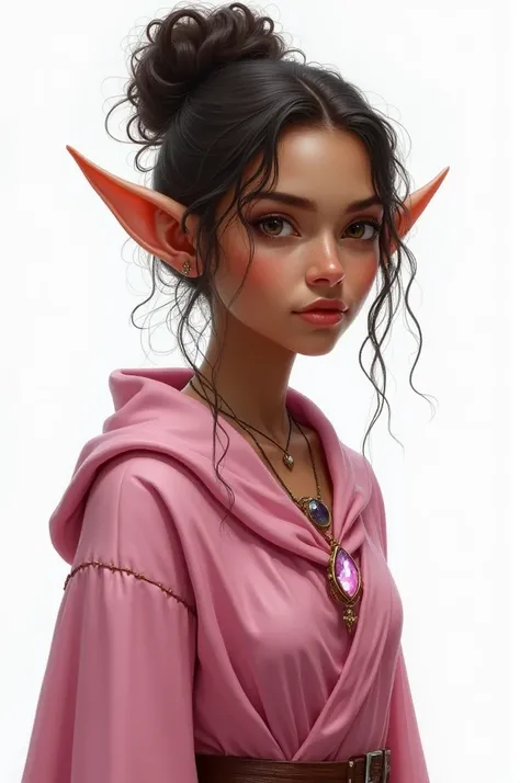 An elf sorceress, very thin and tall , with pointy ears, pele chocolate, well designed and harmonious jawbone ,  brown eyes, Arched eyebrows,  very curly hair tied in a bun. Pink sorceress robes ,  with a necklace with a shiny pink crystal.  Art painting s...