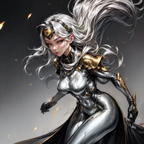 silvery metallic bodysuit、Women in their thirties、Oriental hairstyle 、Golden Eyes、tall slimming 、black coat with boa lining、Wear a silver welding mask、solo、Best Quality、CG Art、