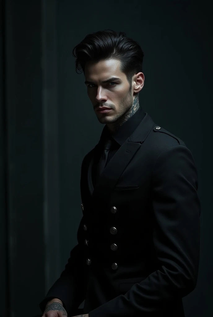 Handsome young man with black hair, blue eyes, white pele, tattooed, muscular, masculine. Hes wearing an all-black military suit. Hes evil .  Hes in a dark and closed place . realistic. 