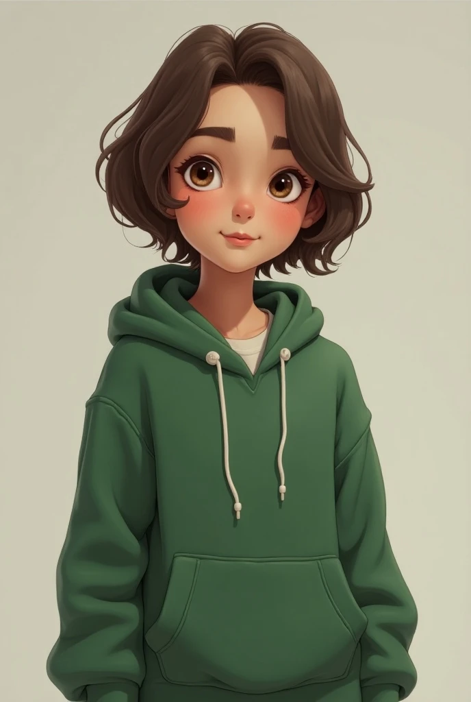 Small character 
 gamer with sweatshirt Green brown hair brown eyes white skin color