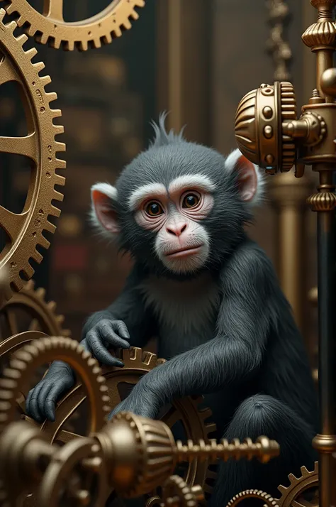  gray monkey in a room with gears as if he were in the Wizard of Ozs room, In oz 