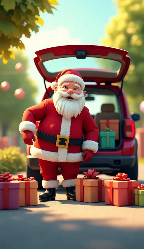  SANTA CLAUS PLACING GIFTS FROM THE CAR DOOR AND BACK LOOKS SUNNY, LET IT BE WITH DETAILS AND NOT SO MANY GIFTS MORE OPTIONS 