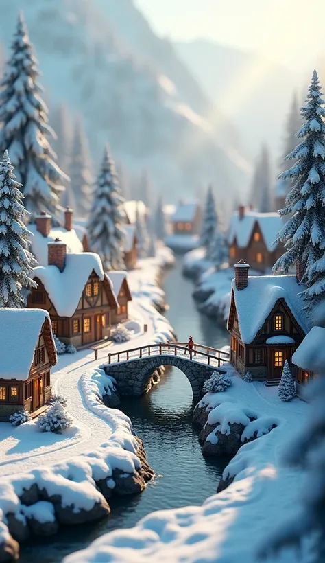 a tiny city under With snow, many small houses cover by , ray of sunlight, small stone road, small river, small bridge 