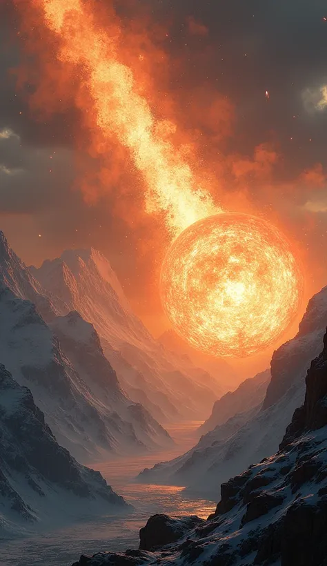 A large round comet with huge flames hit the mountain and scattered creating a huge explosion wave, truly a terrifying scene at the end of the world