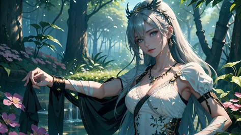 enchanting 8k fantasy scene: a breathtaking female barbarian, 1girl, solo, she is walking in paradisiacal landscape. ((full body...