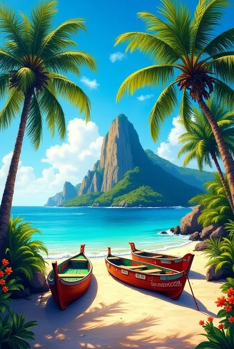 Vibrant, colorful painting depicting a tropical beach scene. The layout features a sandy beach in the foreground with three wooden boats painted in shades of green and red resting on the shore. To the left, tall palm trees with lush green fronds sway gentl...