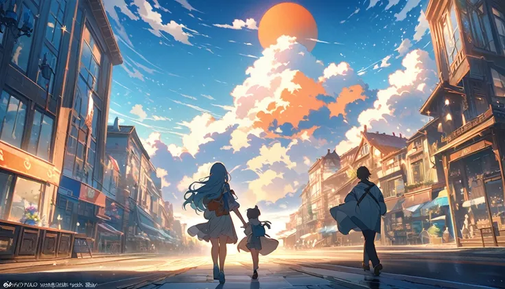 shadow、  main event is Asahi 、Starry sky and morning sun 、  Fantastic World、  wonderful蝶の羽ばたき 、  A palette of soft shades of blue and orange emphasizes the horizon、 adventure where one person walks towards the back,  wonderful,  vibe, Soft and warm sunligh...