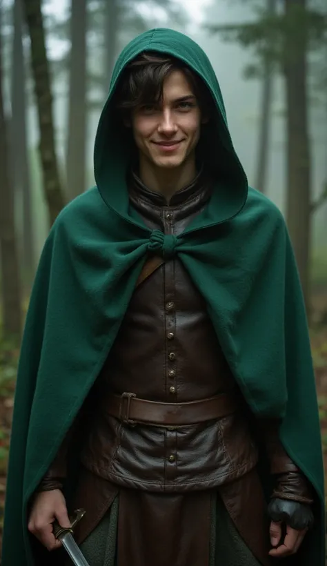 A thin young man, around 19, with dark brown hair peeking out from under a forest-green hood. His sharp, green eyes and wry smile show a calculating personality. He wears leather armor with a green cloak, hinting at stealth and cunning. His demeanor is a m...