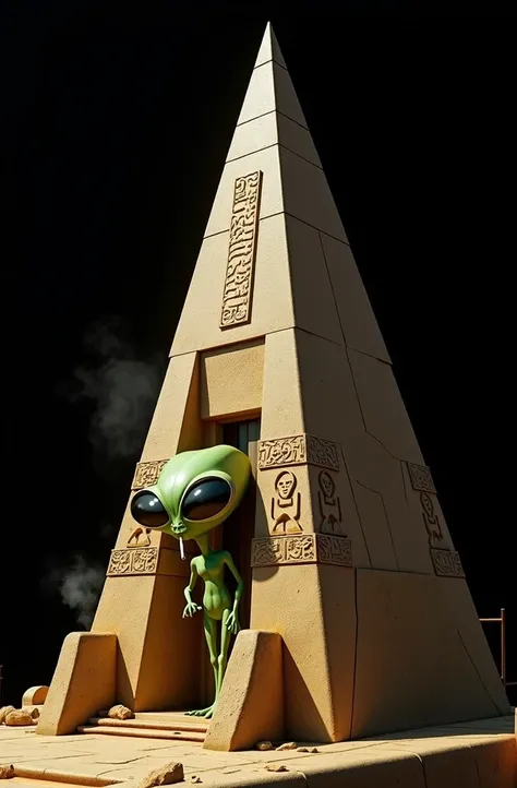  A design of an alien ship shaped like a pyramid .  Set in an Egyptian design .  And that there is a green alien with big eyes of the classic format and smoking a cigarette .  The alien must have a sun visor cap .  With a black background the design .  It ...