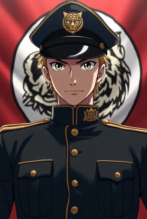 Large image of a male soldier of the Yeagers cap and uniform emblem of a tiger from the anime Akame Ga Kill very nice razor-sharp image drawn in great detail background the flag of the Yeagers 