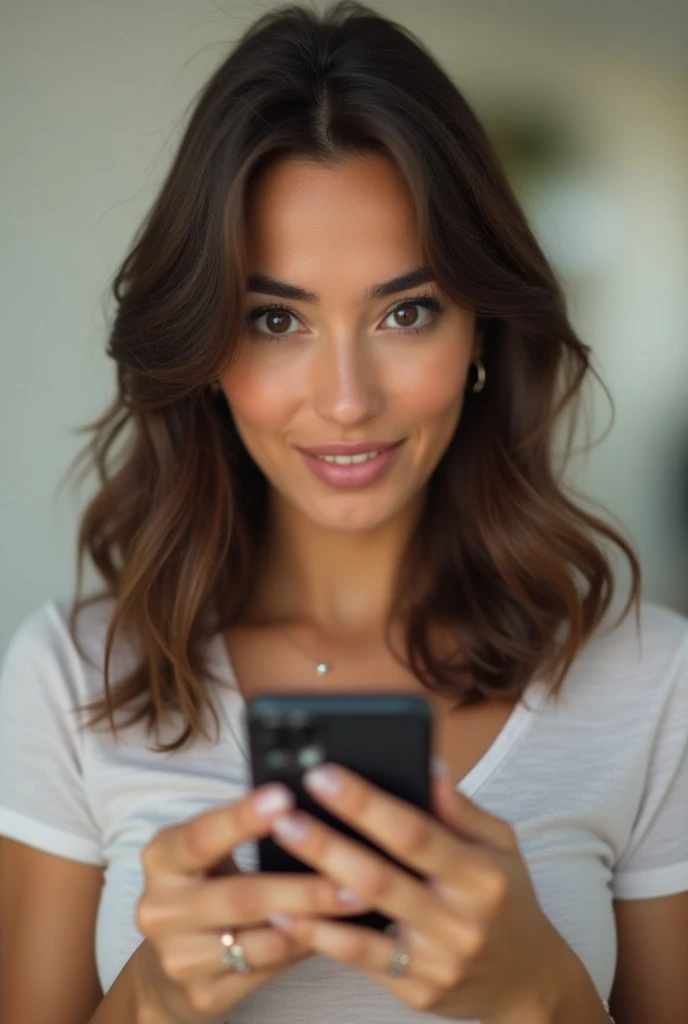 Photo of a realistic 40 years old brunette Brazilian woman surprised or curious, looking at her cell phone