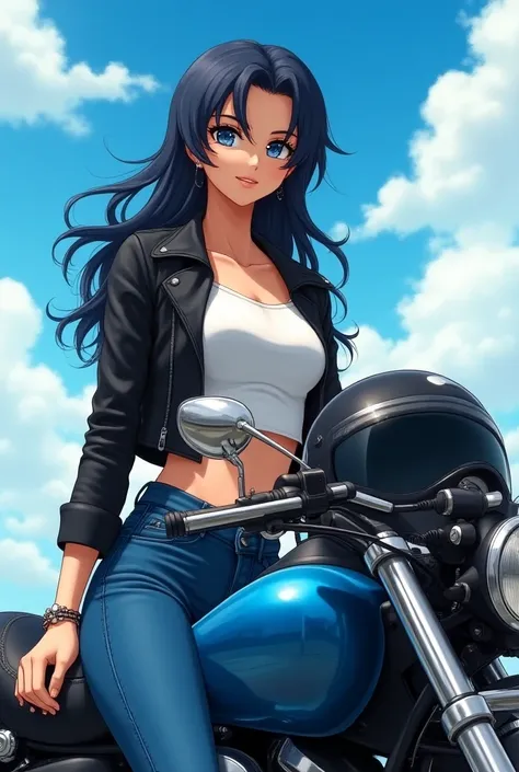 Create a realistic and edgy artwork featuring a young woman confidently sitting on a blue cruiser motorcycle. She is dressed in a black crop leather jacket over a white crop top and fitted blue jeans, highlighting her midriff. Her long black hair falls in ...