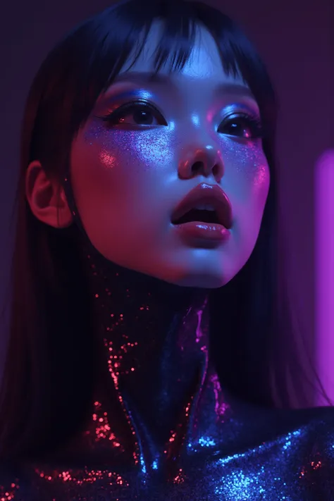 80’s glam rock makeup on shiny android face, asian girl, anime, 2.5D, Glittery face, moody lighting, (purples, pinks, and blues), iridescent face, abstract ai model, pretty, sexy, minimal, sleek, slender, asian, elegant, chic, futuristic, retro, sophistica...