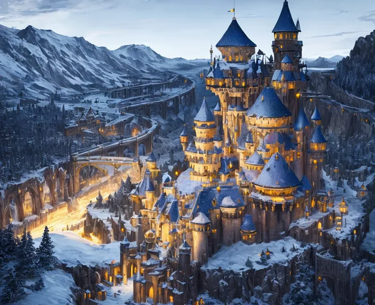 main world, mechanical castle on snowy mountain, white walls blue roof, diesel punk style, gears in castle structure, fairy night, scorched earth, river near mountain, bridge passing over river