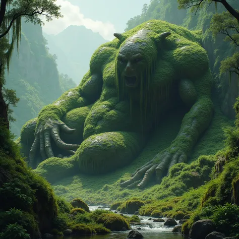 a sleeping giant lying down, his body covered in mosses and vegetation, his arms covering his face, his shape resembling a hill, a mountain