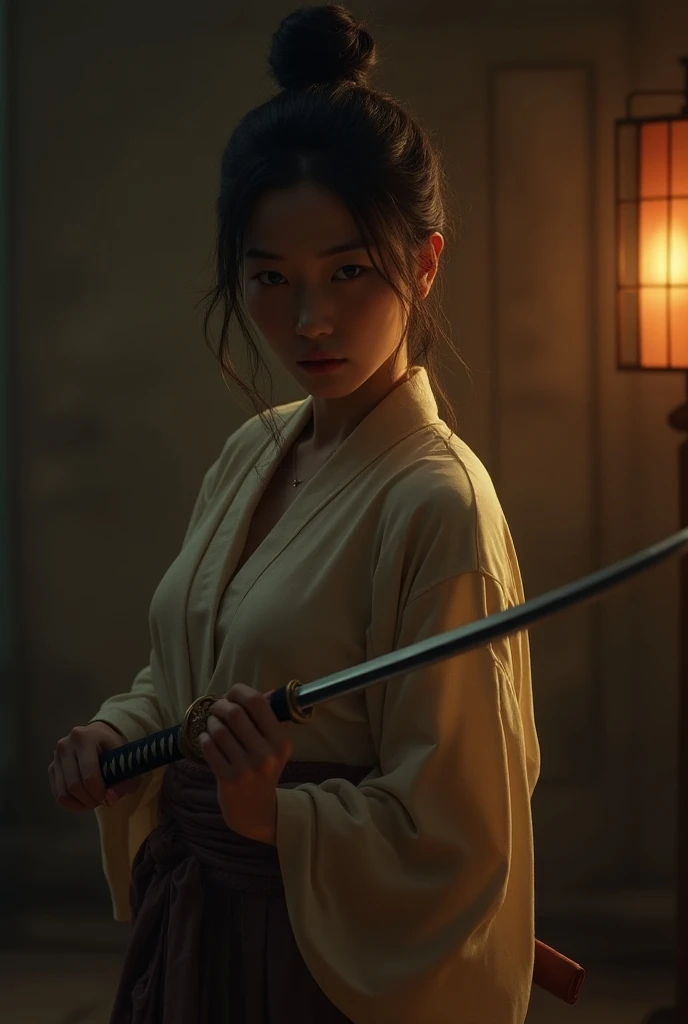 Beautiful samurai woman, in her bedclothes, firmly holds an ancient katana of a great samurai; she stands in her inner room, surrounded by a dim warm light, afraid that someone wants to attack her; masterpiece