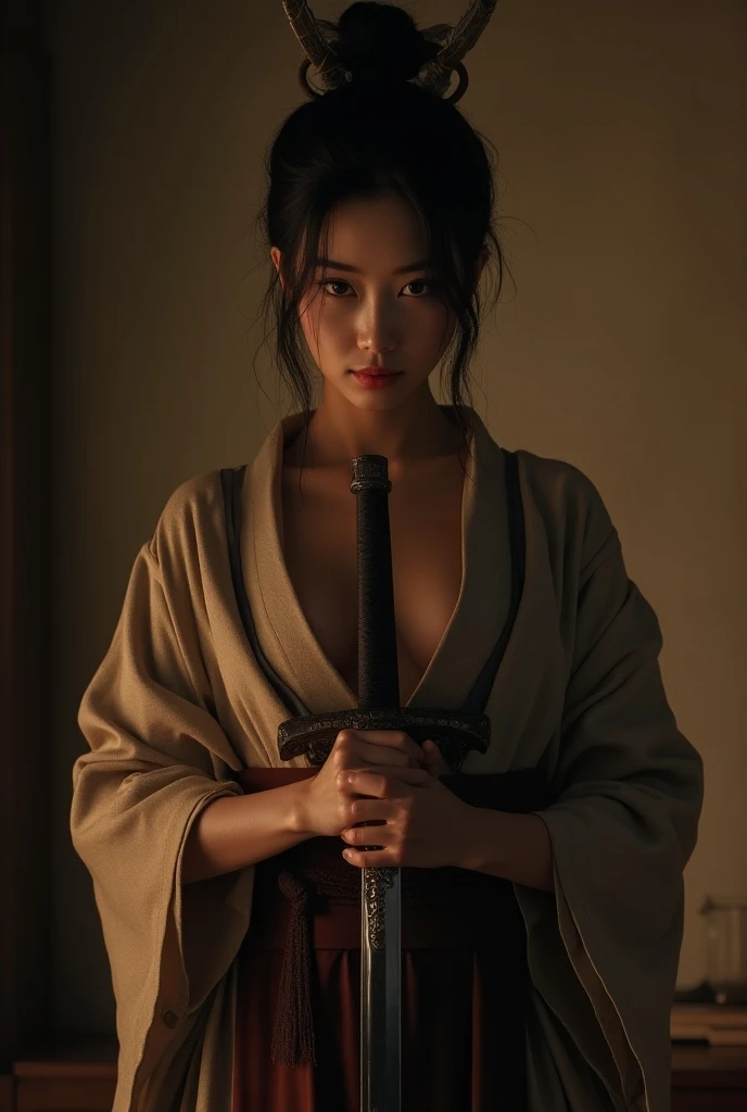 Beautiful samurai woman, in her bedclothes, firmly holds an ancient katana of a great samurai; she stands in her inner room, surrounded by a dim warm light, afraid that someone wants to attack her; masterpiece