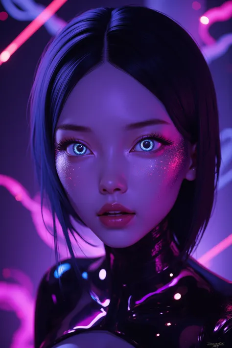 80’s glam rock makeup on shiny android face, asian girl, anime, 2.5D, Glittery face, moody lighting, (purples, pinks, and blues), iridescent face, abstract ai model, pretty, sexy, minimal, sleek, slender, asian, elegant, chic, futuristic, retro, sophistica...