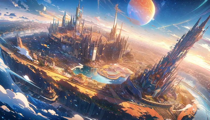 shadow、  main event is Asahi 、Starry sky and morning sun 、  Fantastic World、  wonderful蝶の羽ばたき 、  A palette of soft shades of blue and orange emphasizes the horizon、Anime-style digital painting depicting a beautiful cityscape,  wonderful,  vibe, Soft and wa...