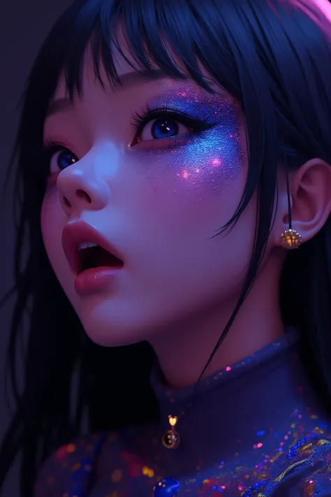 80’s glam rock makeup on shiny android face, asian girl, anime, 2.5D, Glittery face, moody lighting, (purples, pinks, and blues), iridescent face, abstract ai model, pretty, sexy, minimal, sleek, slender, asian, elegant, chic, futuristic, retro, sophistica...