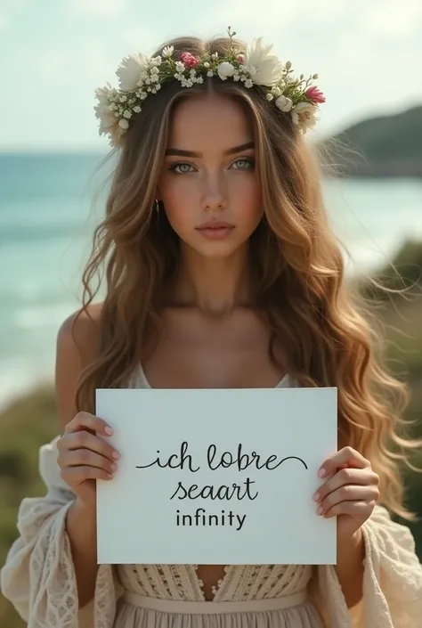  A beautiful girl with wavy ,  long hair and a boho dress holds a white S with the inscription "Ich liebe SeaArt Infinity"  and shows it to the viewer .