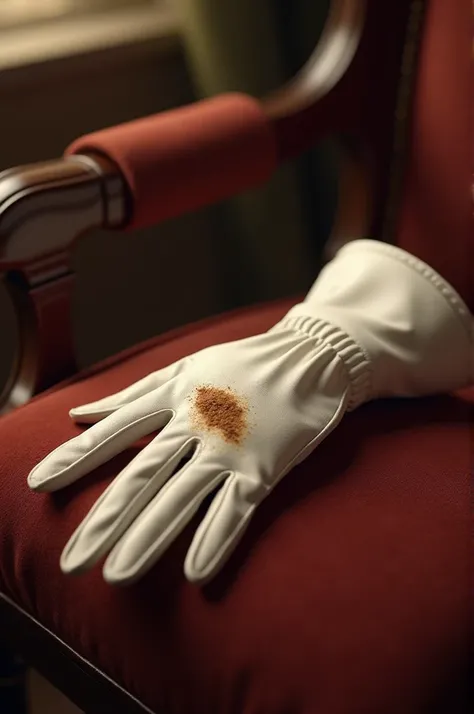  A thrown butlers glove ,  with a very subtle stain of tobacco ash. Its in a luxurious place .