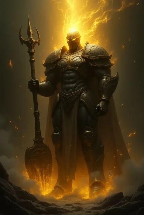 A spirit with a golden glow in a dark and large armour with a mace