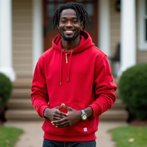 "A full-body shot of a Black male model standing confidently in front of a suburban house, outdoors in natural daylight. He wears a plain, vibrant red hoodie without any logos or designs, creating a simple yet stylish look. The hoodie fits comfortably, wit...