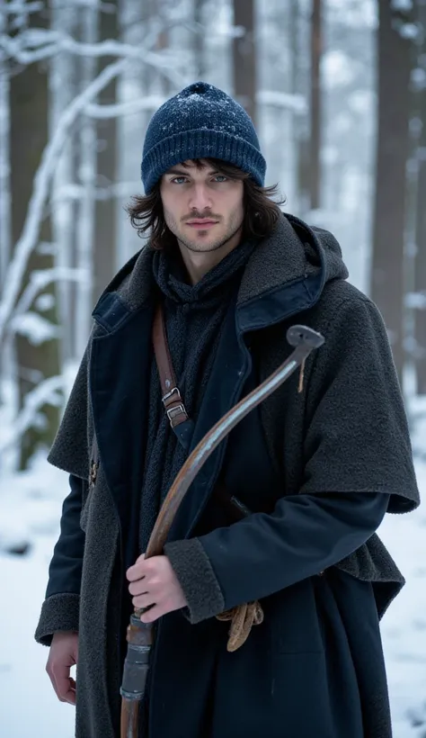 The Rugged Ranger A lean figure draped in dark, layered clothing typical of a northern watchman. He has dark, slightly tousled hair under a simple dark blue wool cap, which stands out as a subtle nod to a signature style. His expression is serious and vigi...