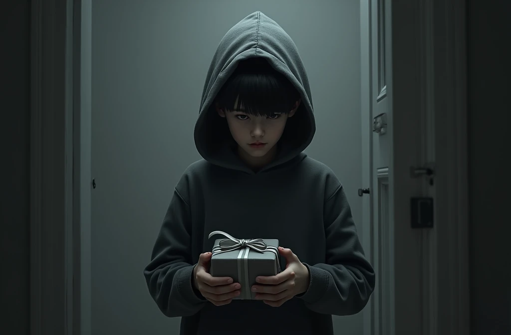 a boy inside his house wearing a hooded sweater that casts a shadow on his face, making his face practically imperceptible with a gift in his hand, very gray aesthetic, no lighting on his face