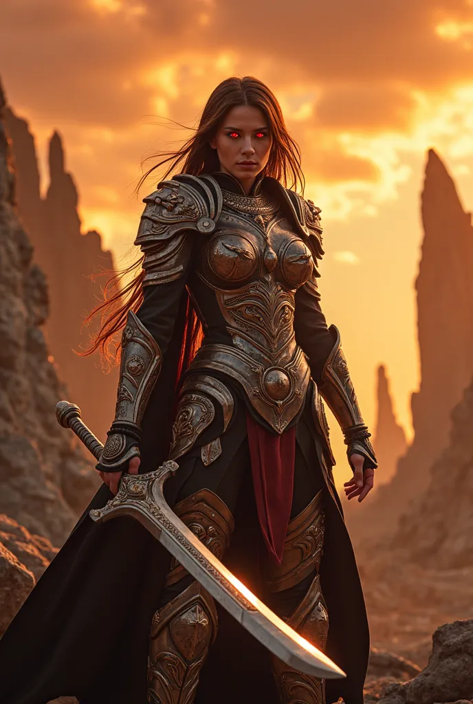 a legendary female warrior with flowing hair, dressed in intricate, heavy armor, wields an awesome, gleaming sword. her red, shi...