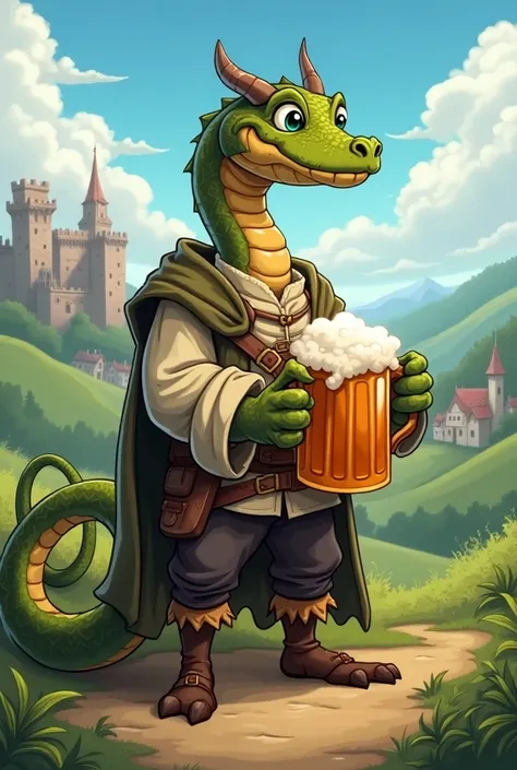 Un serpent rampant dans des vêtements médiévale tenant une bière, le tout dans un style cartoon