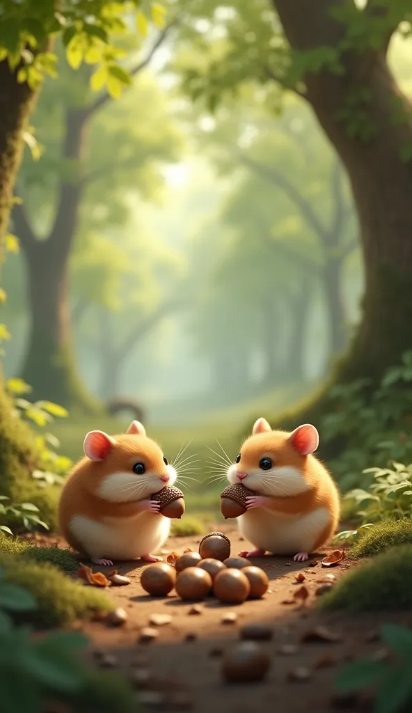 Hamsters eat acorns and are puffy