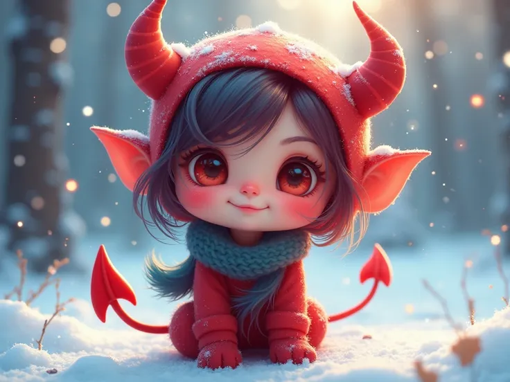 cute smiling monster girl, adorable devil girl, winter holiday, cute devil, cute and spooky devil, whimsical devil, devil creature, devil girl with big eyes, devil girl with colorful hair, monster girl in a playful pose, devil girl with a friendly expressi...